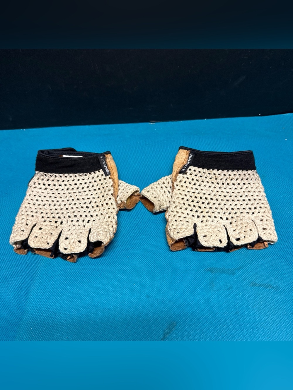 Vtg Schwinn Crochet Bike Padded Leather Cyclist Gloves Fingerless Punk 90s Large